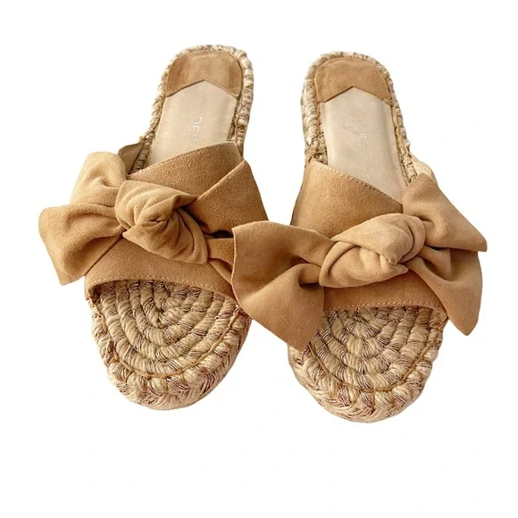 J/Slides Ritsy Slip On Espadrilles Beige Suede Leather Bow Slides Handcrafted - Picture 4 of 12